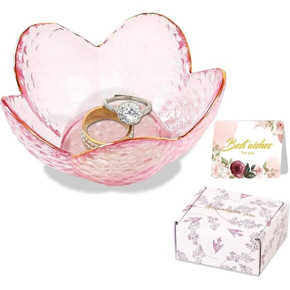 Accessories - Pink Flower Jewelry Dish Glass Ring Holder Dish Jewelry Tray Cute Vanity